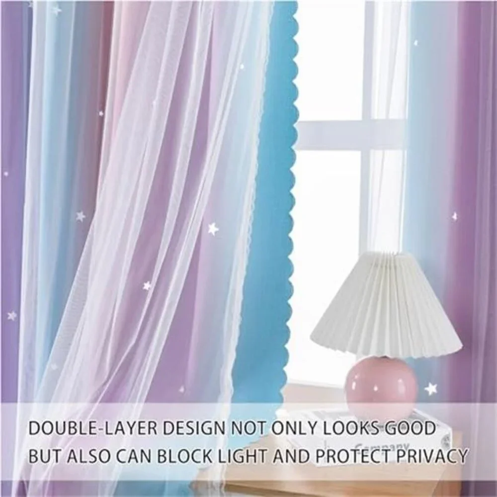 Kids Princess Blackout Curtains Pink Purple Star Window Panel 52x63